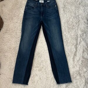 Frame Le High Straight SZ 26 two tone Tuxedo stripe dark wash Jeans with slit